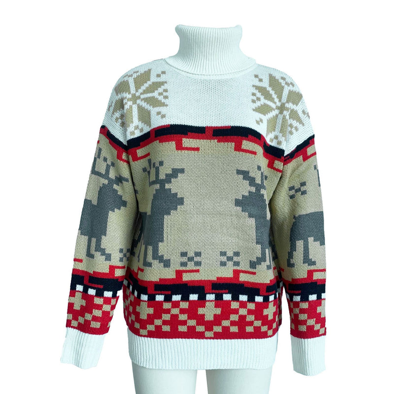 Turtle Neck Xmas Print Knitted Sweater