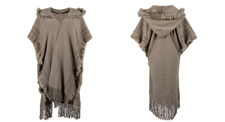 Ponchos Shawls Open Front Hooded Knit Cardigan Outerwear