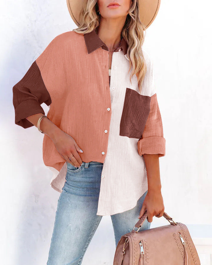 Catch Feels Cotton Colorblock Button Down Top