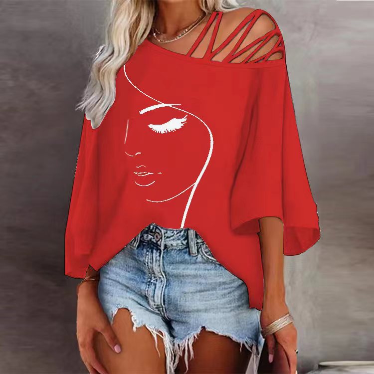 Face Print One Shoulder Wide Sleeve Loose Blouse Top