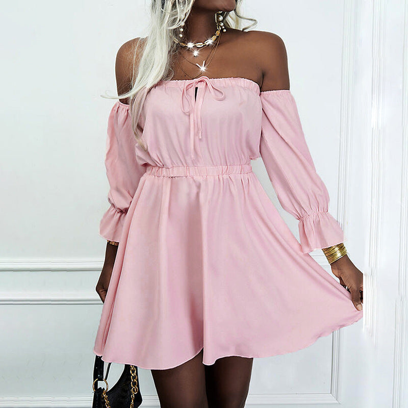 Off Shoulder Long Sleeve Elastic Waist Mini Dress