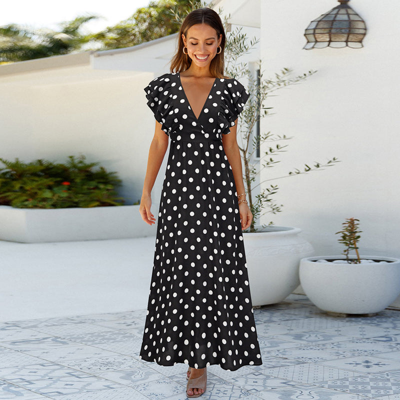 Polka Dot V Neck Cap Sleeve Maxi Dress