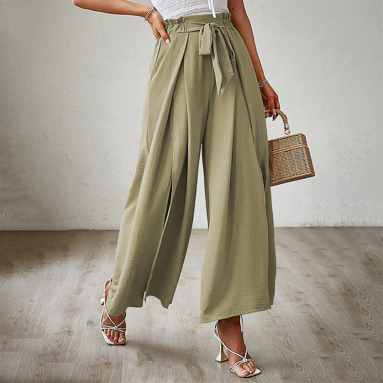 Casual Solid Waist Tie Long Wide Leg Pants