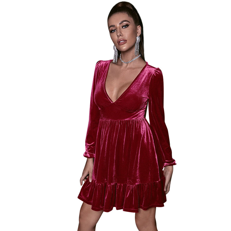 Deep V Neck Long Sleeve Mini Dress