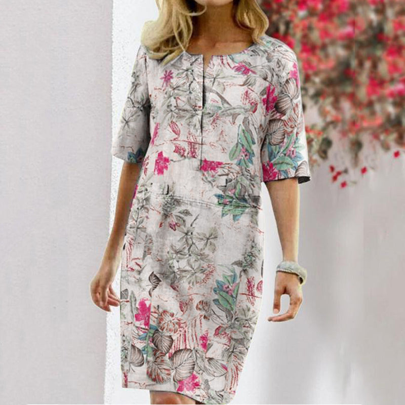 Casual Round Neck Floral Short Sleeve Midi Dress