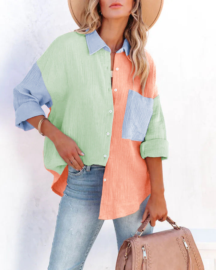 Catch Feels Cotton Colorblock Button Down Top