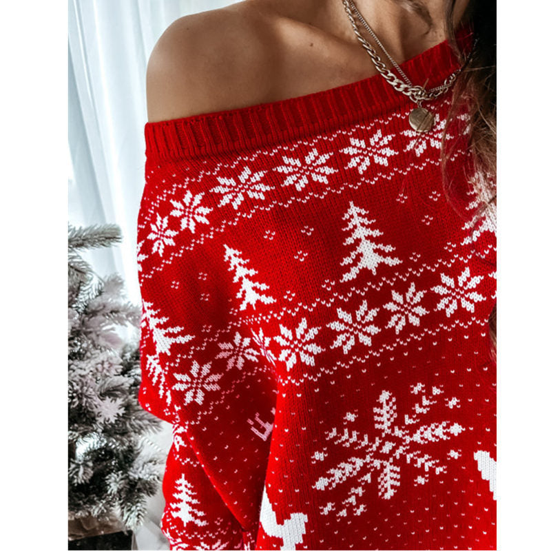 Off Shoulder Christmas Print Knitted Sweater