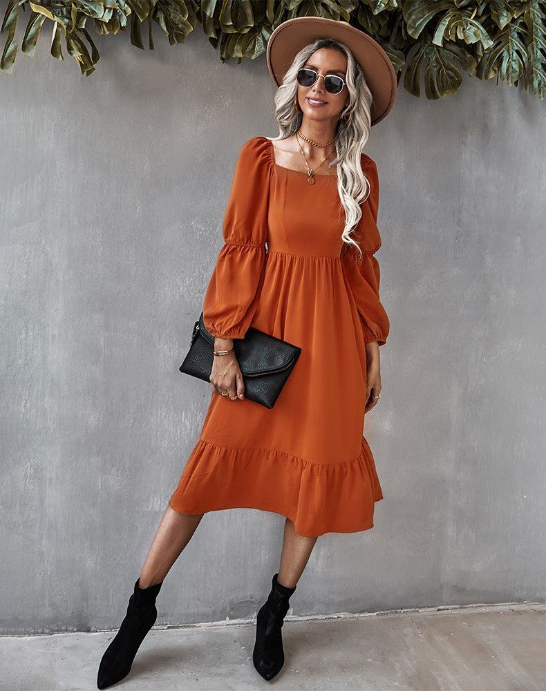 Casual U Neck Long Sleeve Midi Dress