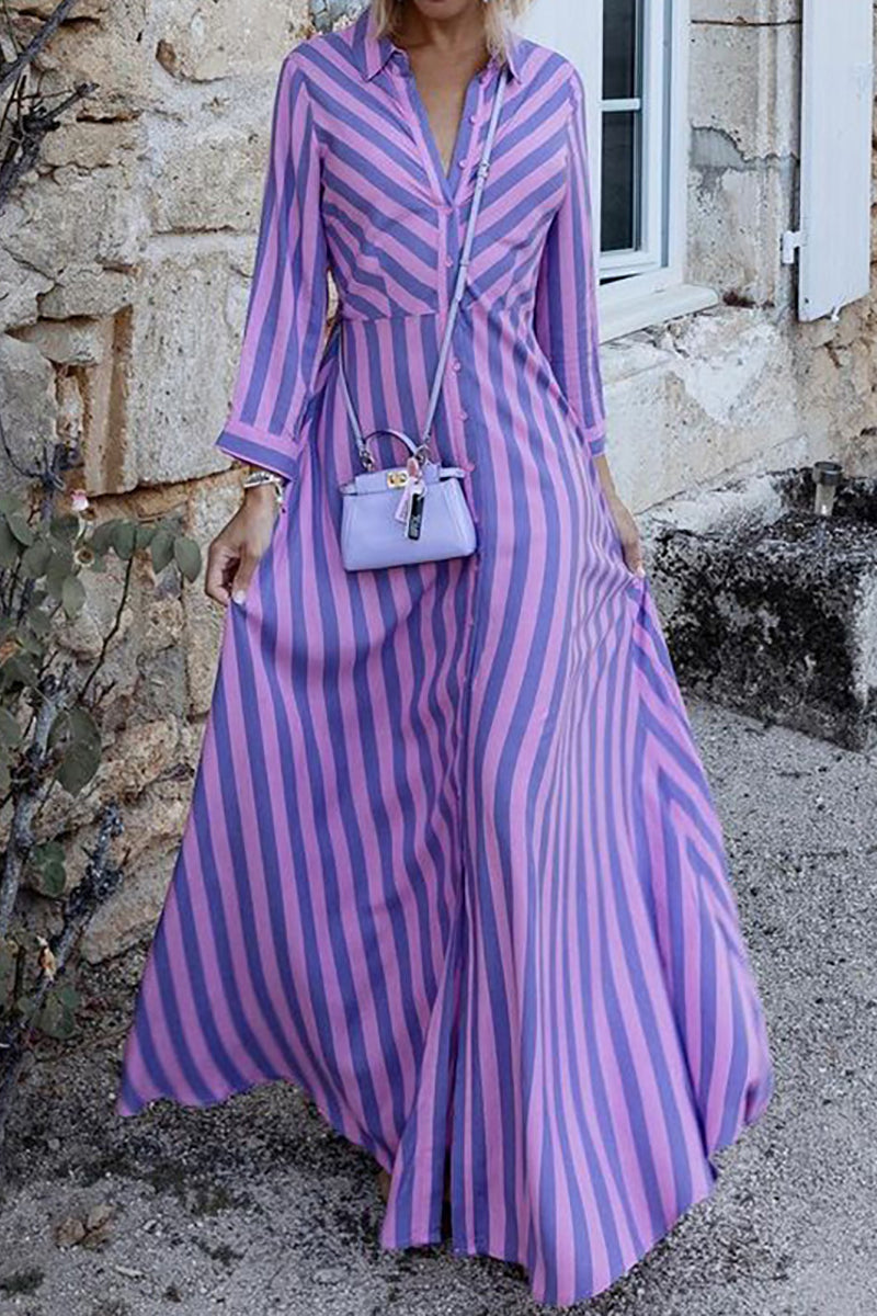 Stripe Long Sleeve Button Maxi Shirt Dress