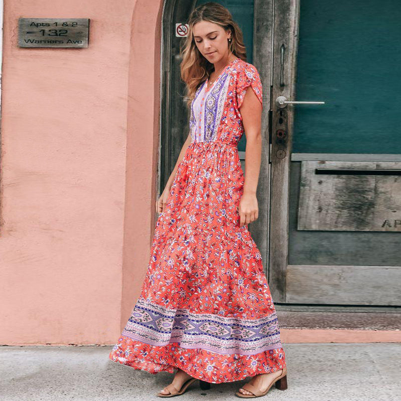 Short Sleeve Floral V Neck Maxi Dress