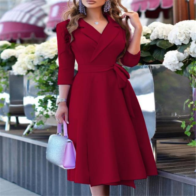 Cross V Neck Floral Solid Neck Dress