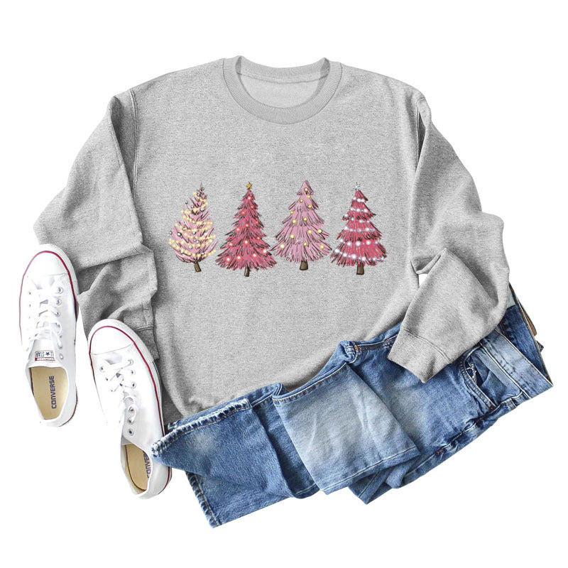 Crew Neck Long Sleeve Christmas Tree Print Loose Sweatshirt