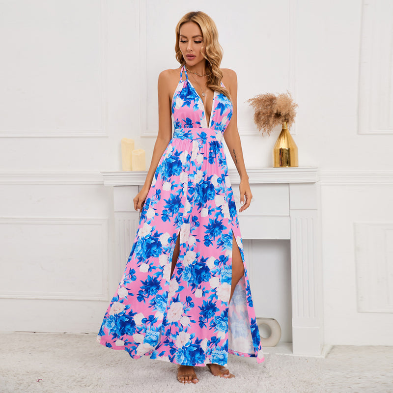 Sleeveless Backless Floral Print High Split Maxi Dress