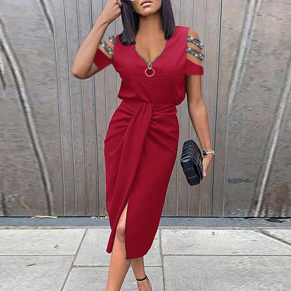 Zip Up Cold Shoulder V Neck Side Split Midi Dress