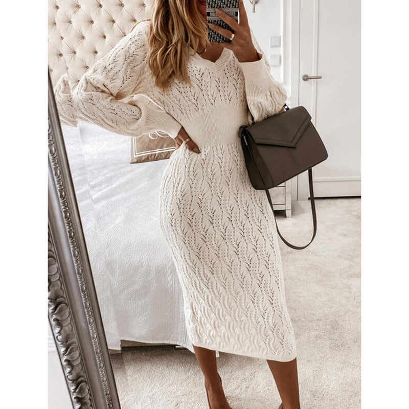 Casual Long Sleeve V Neck Knit Sweater Dress