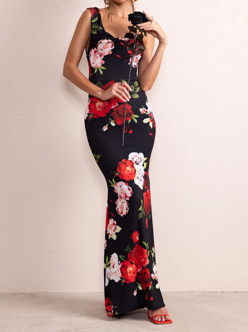 Elegant Sleeveless Round Neck Printed Mermaid Maxi Dress