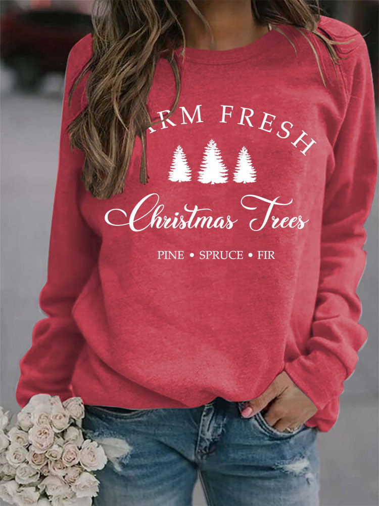 Crew Neck Solid Color Christmas Tree Printed Sweatshirt