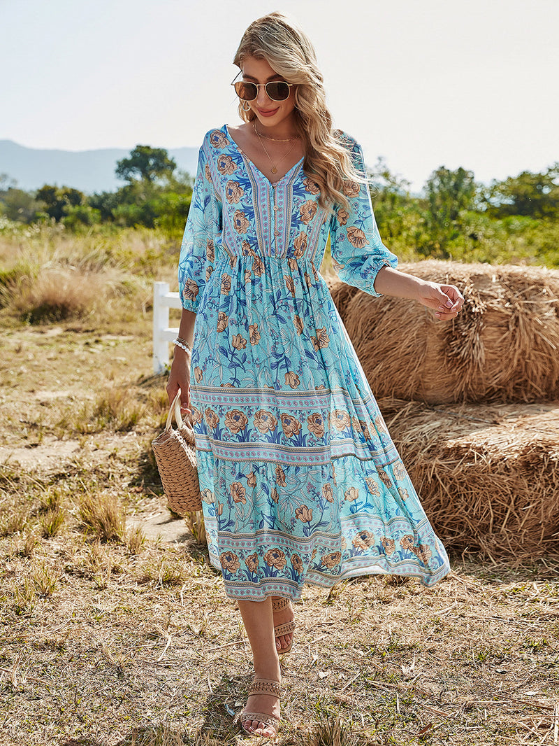 Button Up Elastic Waist Flowy V Neck Maxi Dress