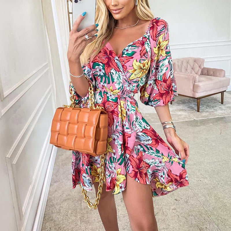 Floral Off Shoulder Short Sleeve Mini Dress