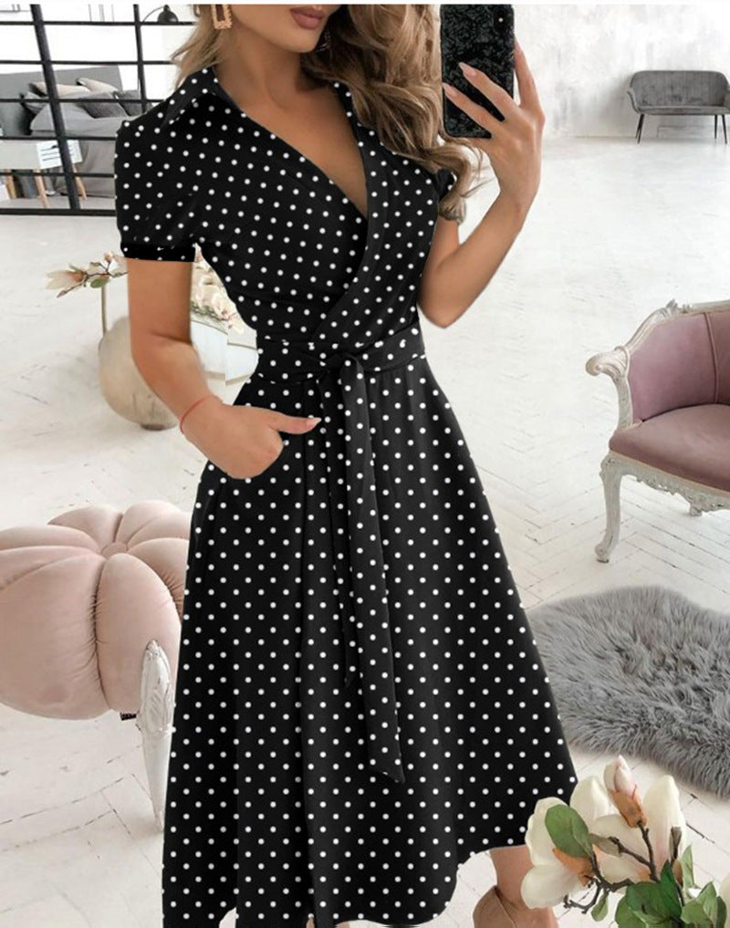 Cross V Neck Waist Tie Short Sleeve Midi Dress