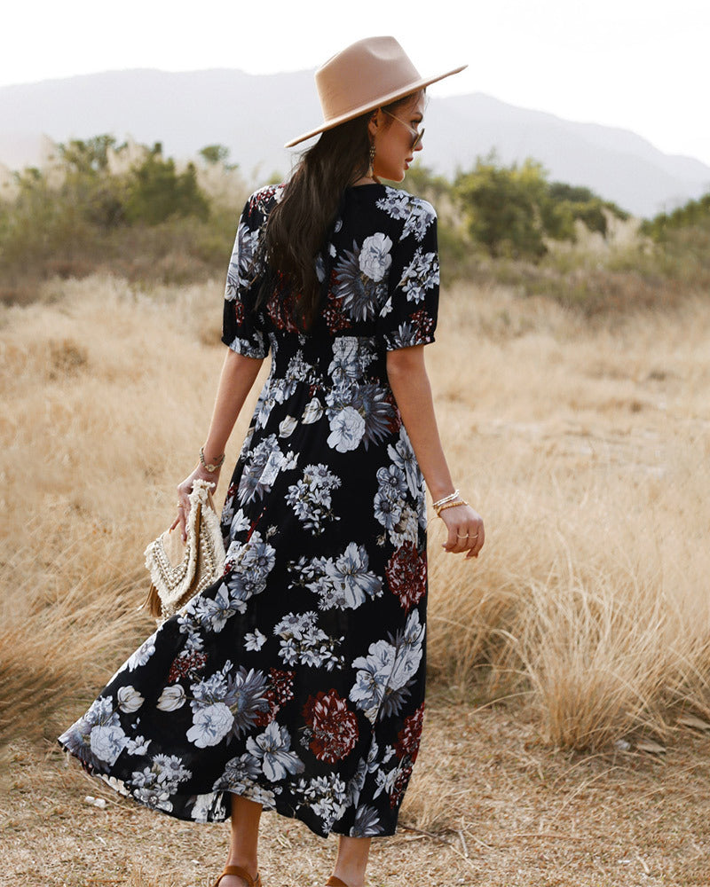 Elegant Short Sleeve V Neck Floral Maxi Dress