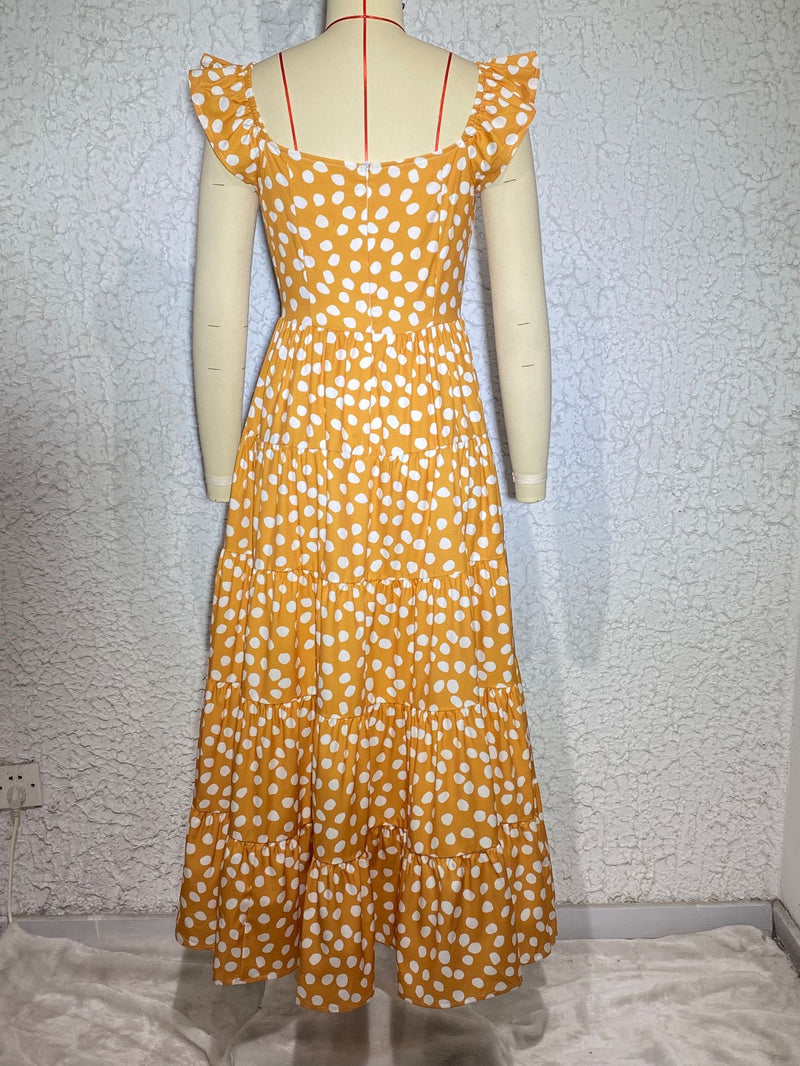 Square Neck Short Sleeve Polka Dot Flared Midi Dress