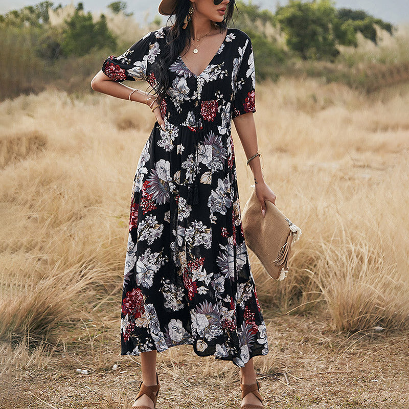 Elegant Deep V Neck Short Sleeve Floral Maxi Dress