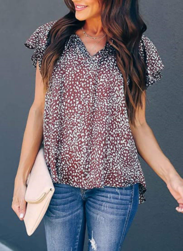 V Neck Ruffle Sleeve Cap Sleeve Top