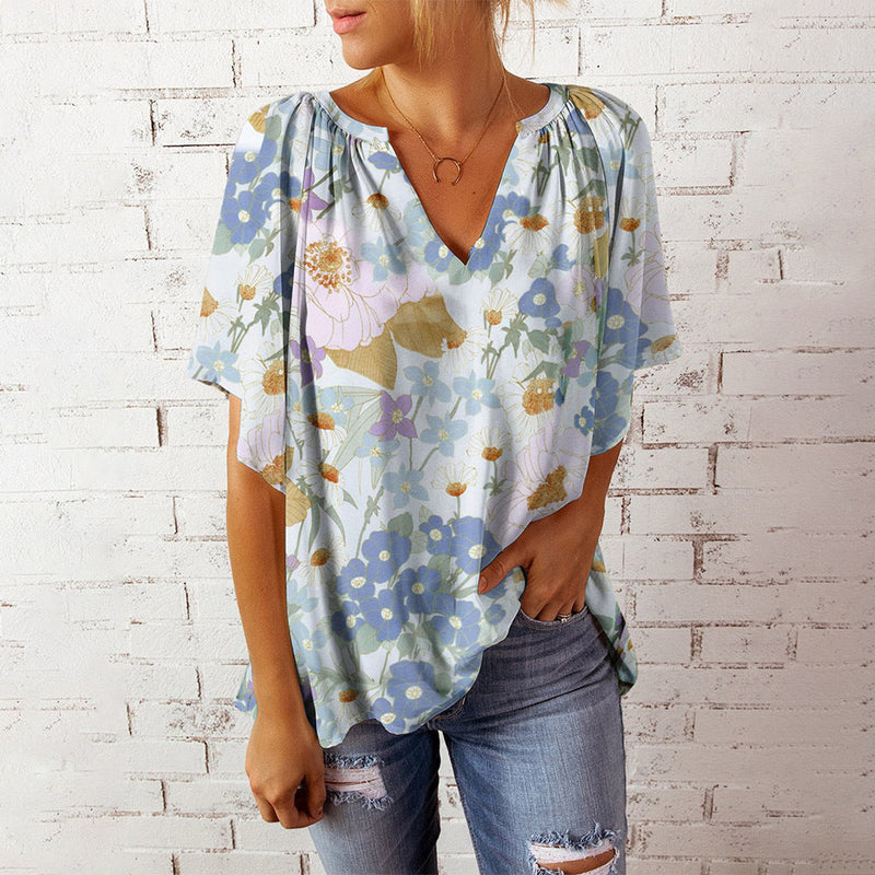 Casual Floral Print V-Neck Short Sleeve Oversize Top Blouse