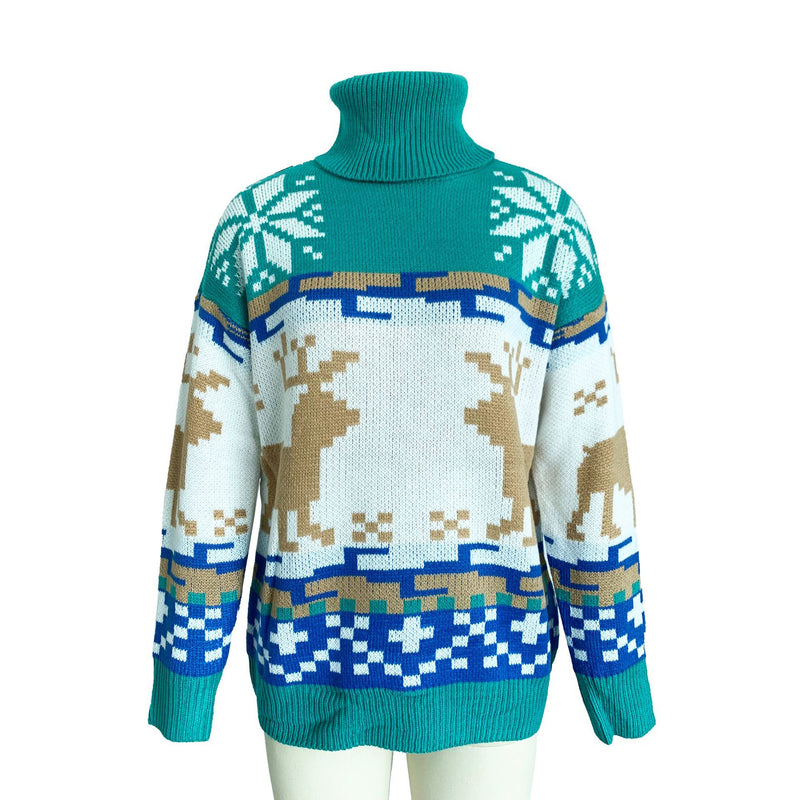 Turtle Neck Xmas Print Knitted Sweater