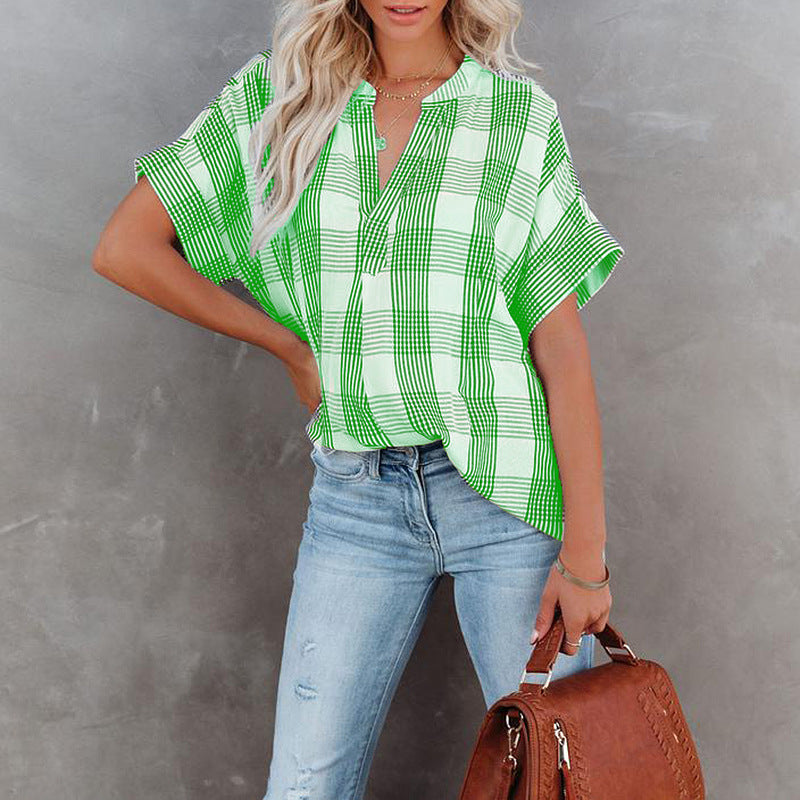 Plaid Color Button Down Loose Blouse Shirt