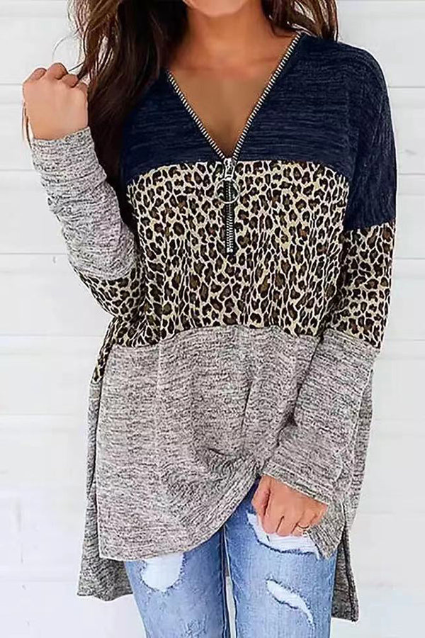 Zipper V Neck Leopard Loose Blouses