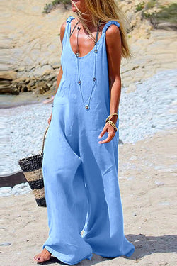 Solid V Neck Wide Leg Slip Jumpsuits