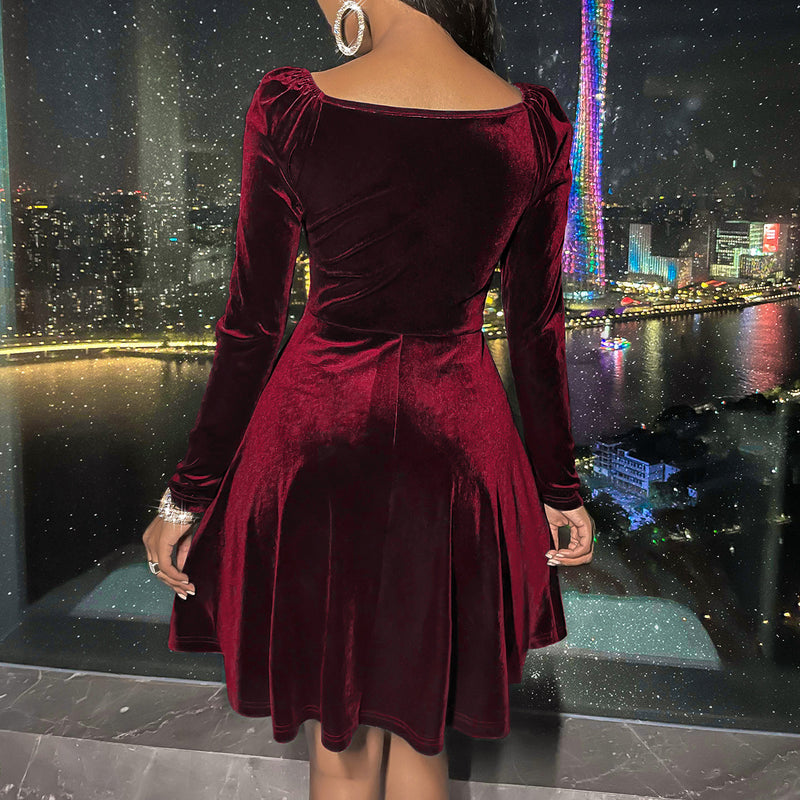 Long Sleeve Cross V Neck Solid Color Midi Dress