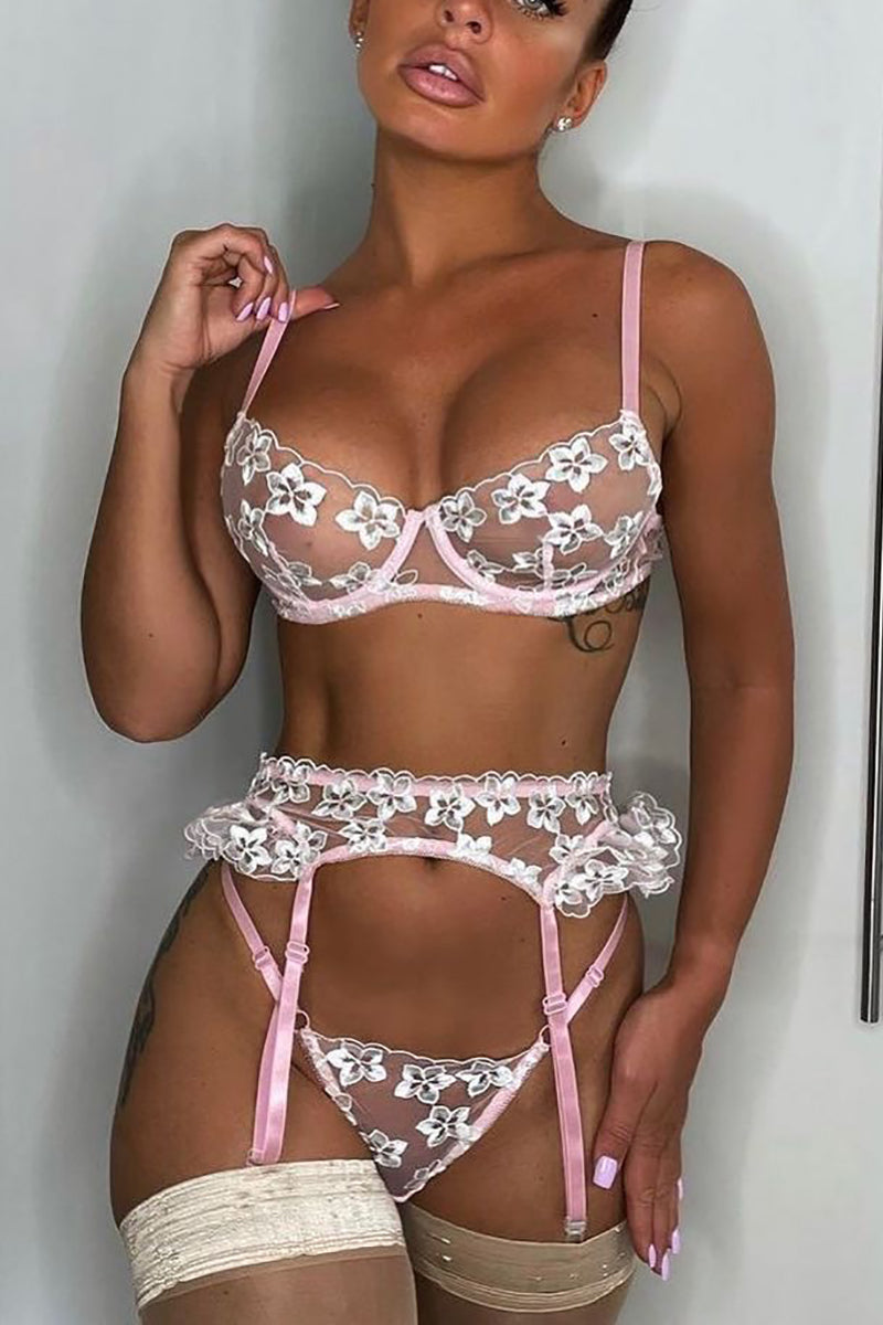 Embroidery 3 Piece Lingerie Set