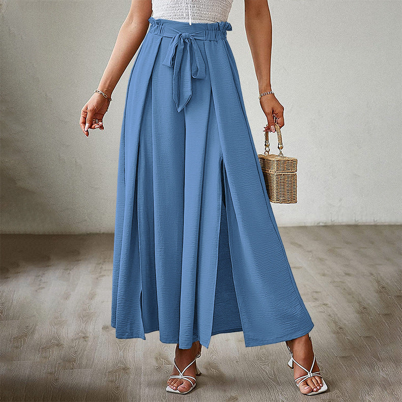 Casual Solid Waist Tie Long Wide Leg Pants