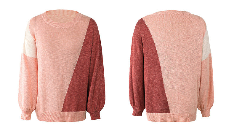 Round Neck Color Block Casual Sweater