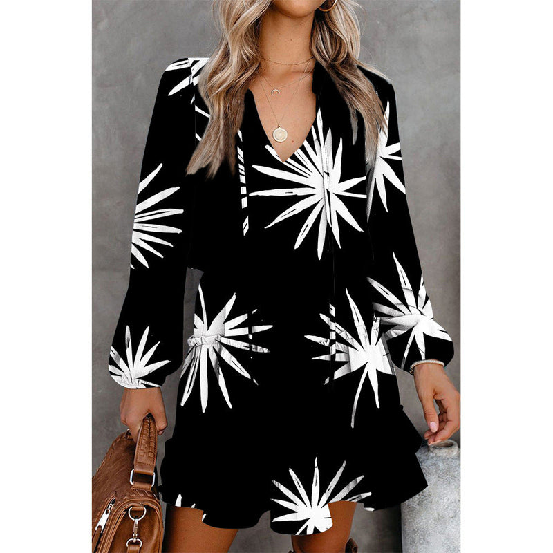 Classic Floral Long Sleeve V Neck Mini Dress