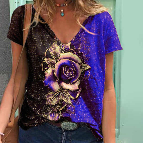 Classic Short Sleeve V Neck Floral T Shirt