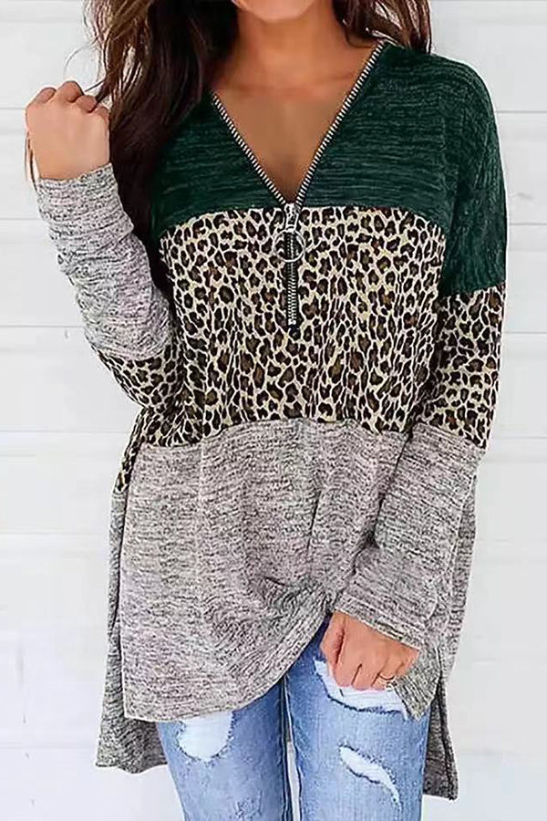 Zipper V Neck Leopard Loose Blouses