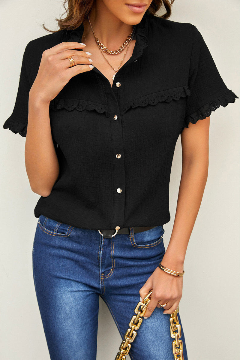 Scalloped Lace Trim Short Sleeve Shirt