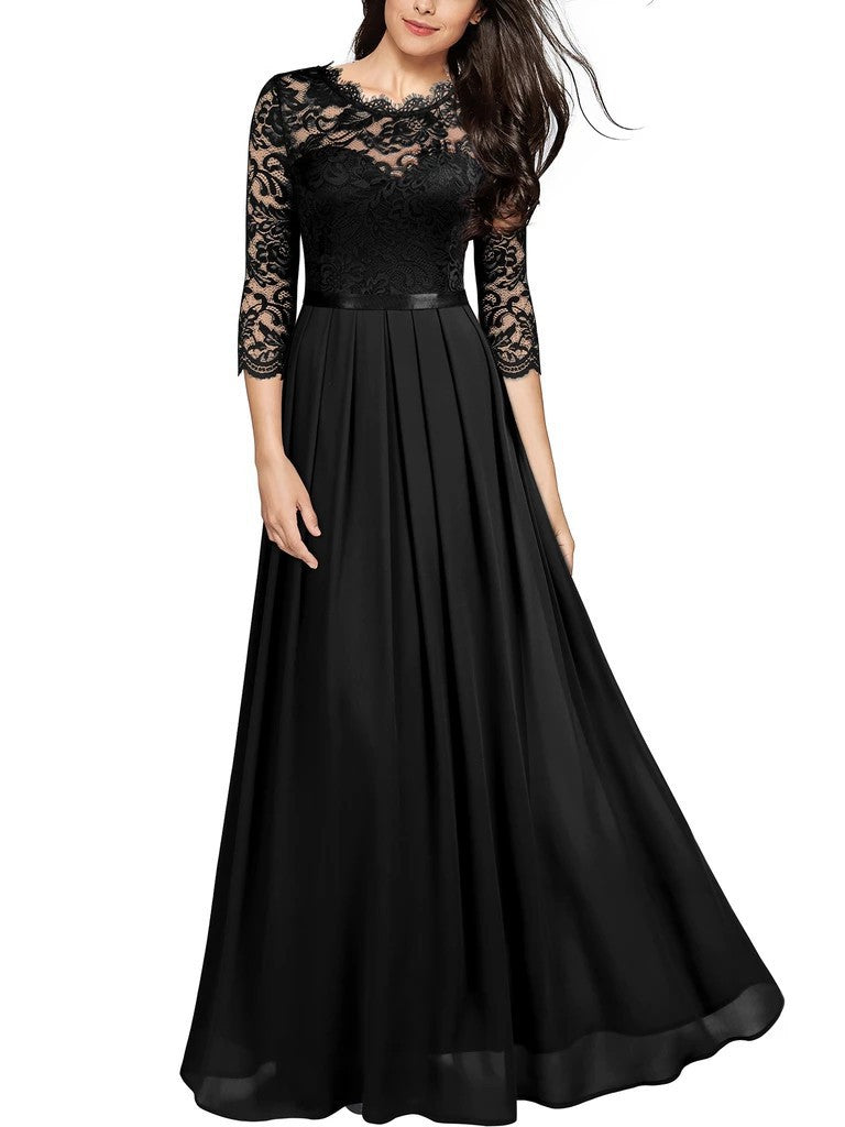 Lace Short Sleeve Round Neck Long Maxi Dress