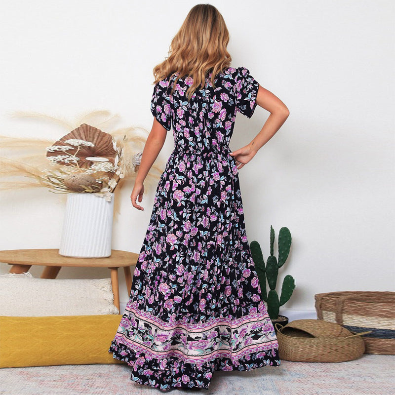 Short Sleeve Floral V Neck Maxi Dress