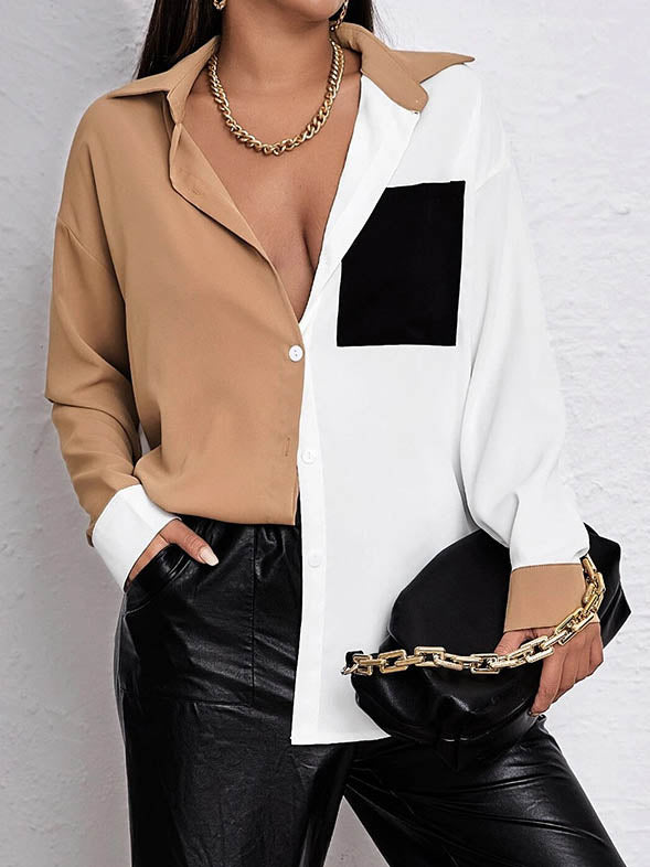 Button Down Collar Color Block Blouse Top