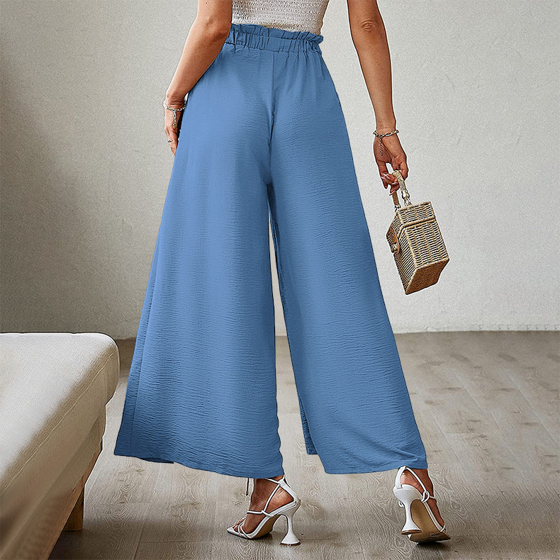 Casual Solid Waist Tie Long Wide Leg Pants