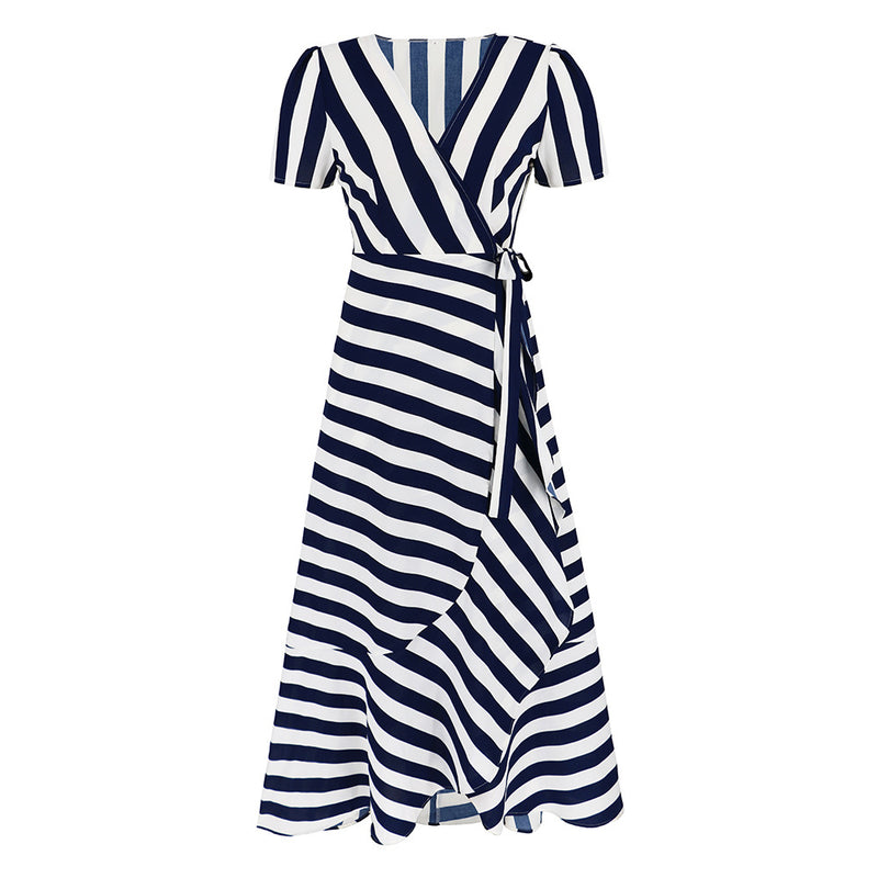 Fashion V-Neck Short Sleeve Striped Loose Maxi Dress