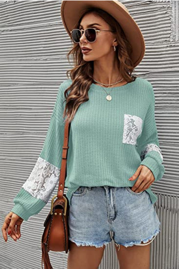 Casual Lace Pocket Round Neck Sweatshirt