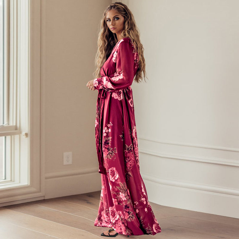 Casual V Neck Long Sleeve Loose Maxi Dress