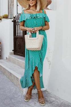 Dot Ruffles Off Shoulder Irregularity Maxi Dress