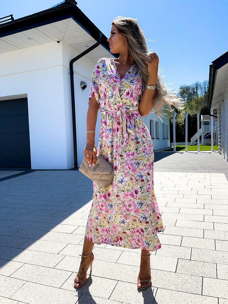 Cross V Neck Short Sleeve Tie Waist Floral Dress